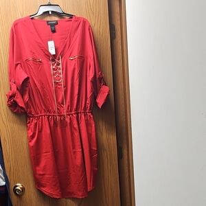 Ashley Stewart Tango Red Lace-Up Drawstring Dress